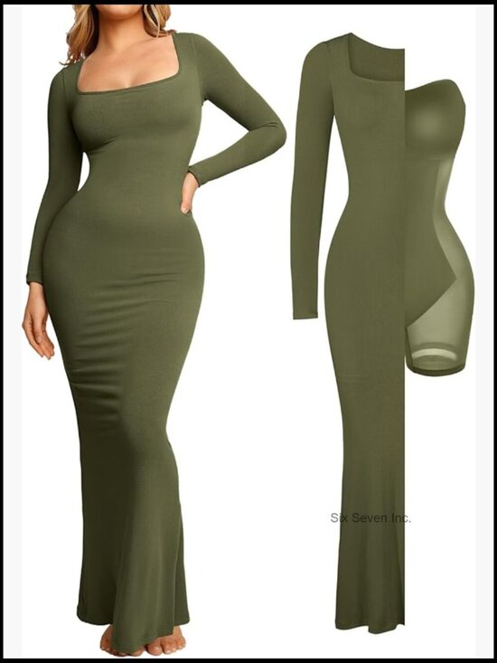 Dresses & Skirts - Long Sleeve Maxi Dress with Built-in Shapewear Bra, Modal Fabric